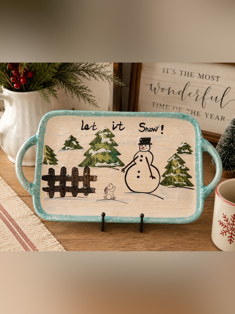 Cracker Barrel Let It Snow Snowman Serving Tray Christmas Ceramic Platter